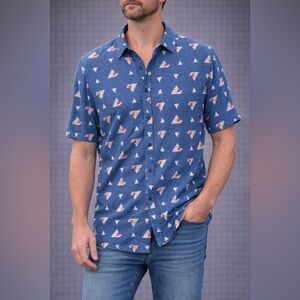 Weekend Soul MENS Shark Boat Print Casual Button Up Shirt Blue Size XXL